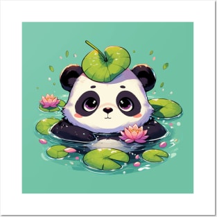 Kawaii Anime Panda Bear Bath With Water Lily Posters and Art